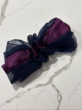 Navy and Purple Sheer Fabric Bow French Style  Hair Clip Accessory 7 x 4”